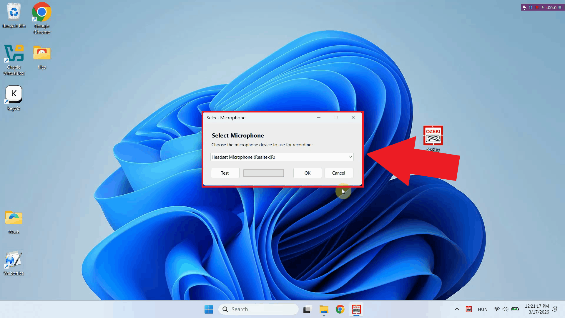 Ozeki Voice Keyboard microphone select window