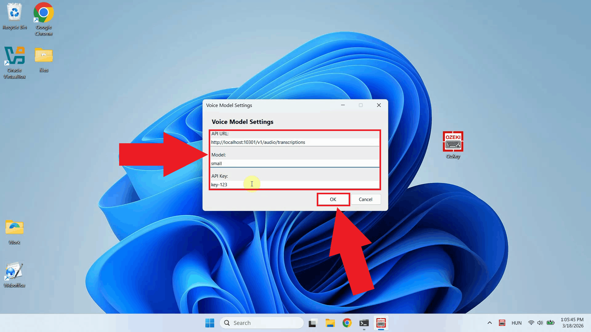 Enter API URL, model and key