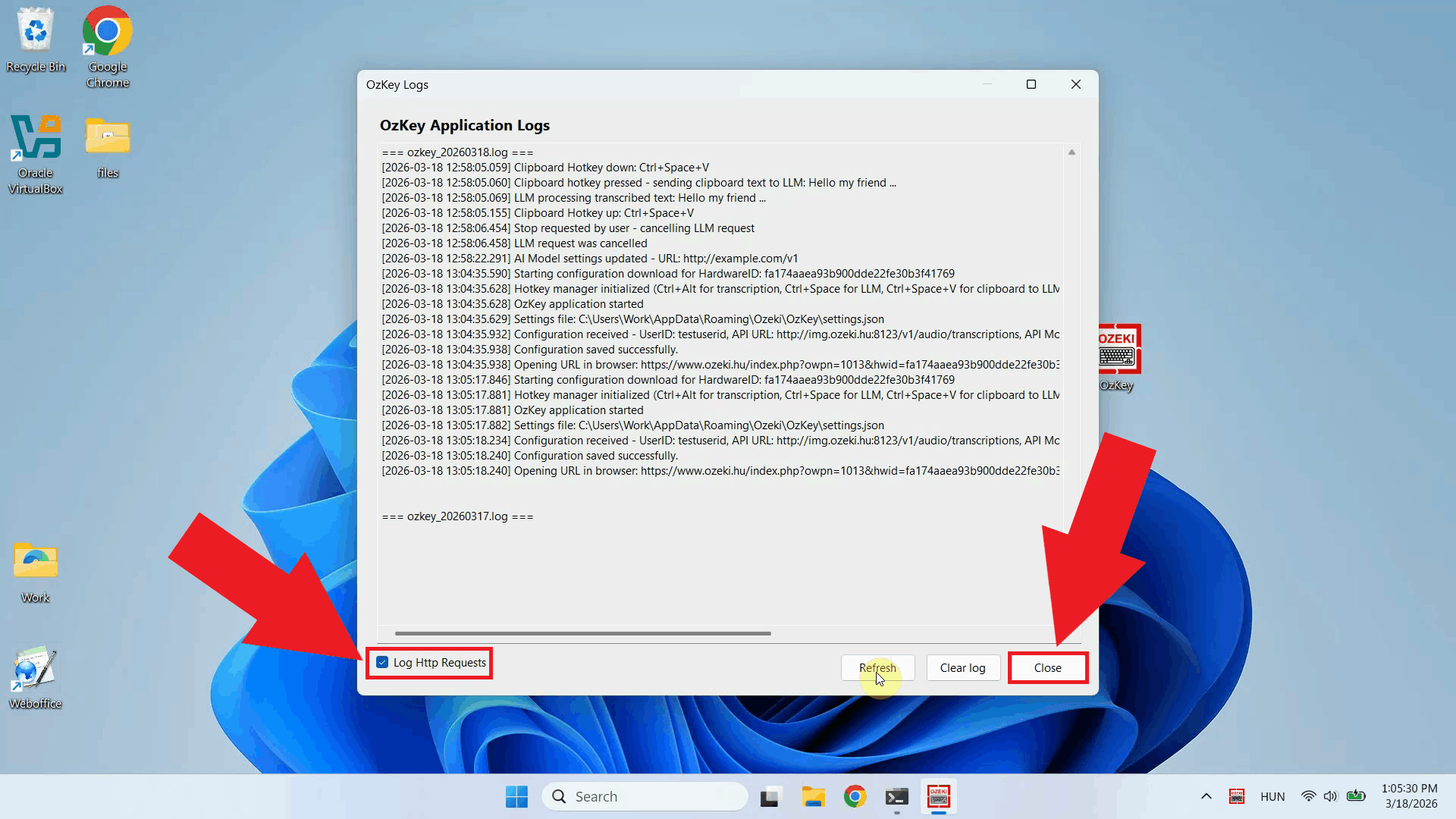 Enable HTTP logging and close window