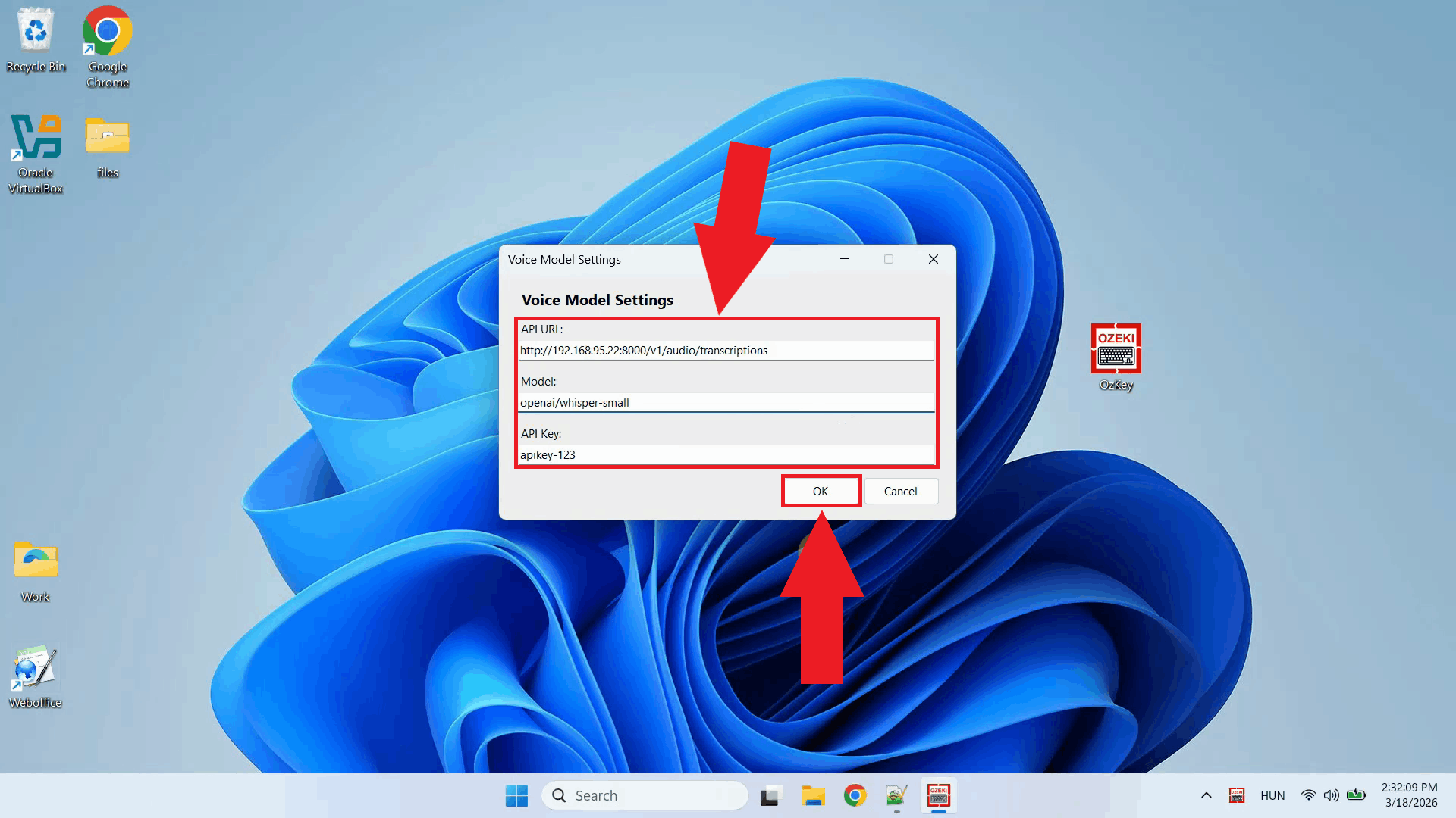 Enter API URL, model and key