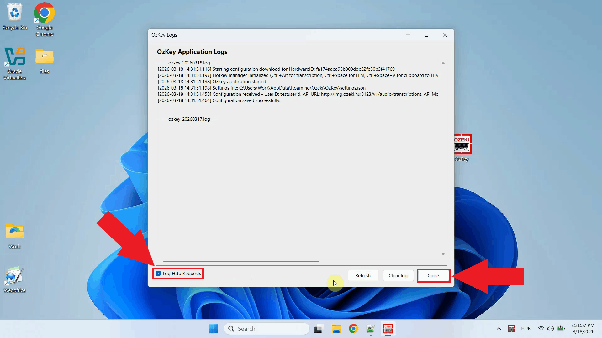 Enable HTTP logging and close window