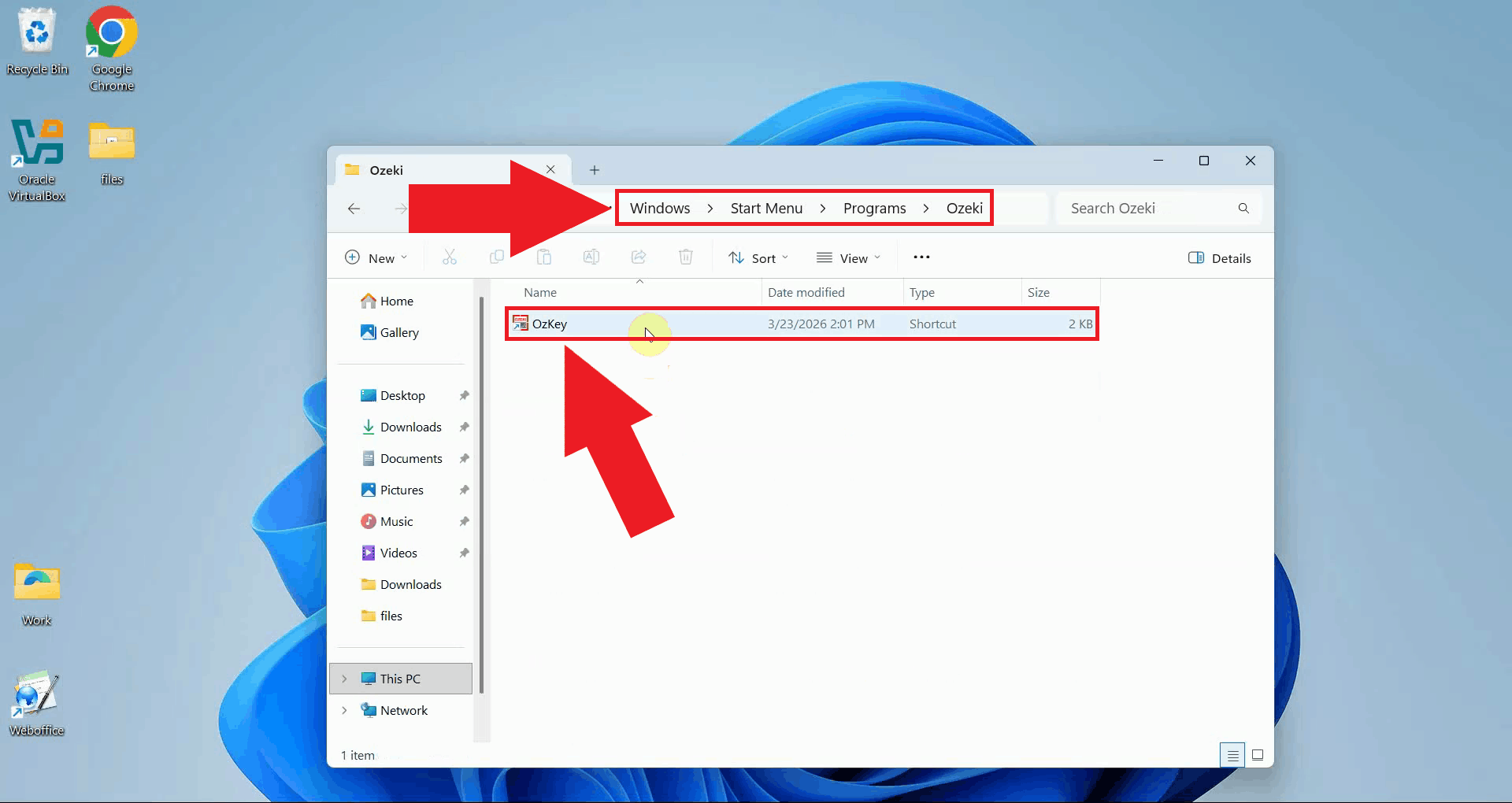 Find OzKey Start Menu item