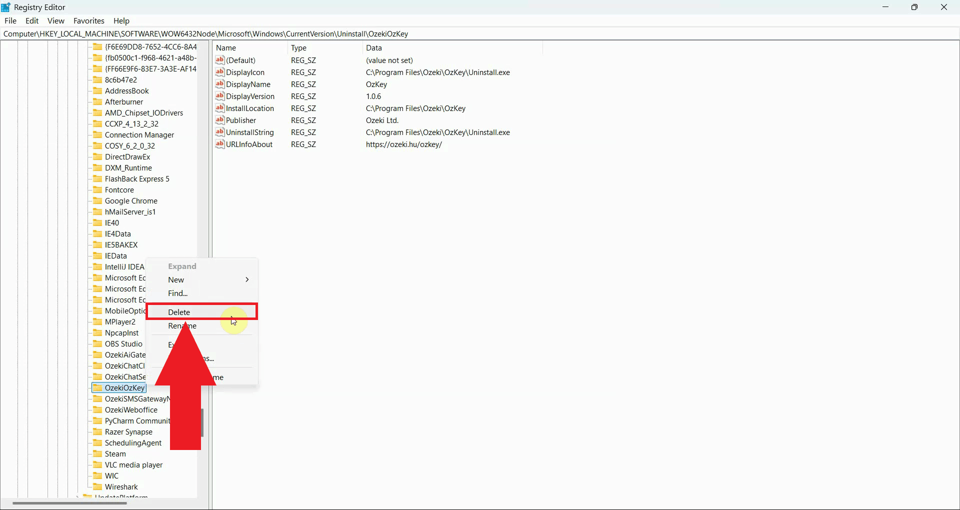 Delete OzKey registry key