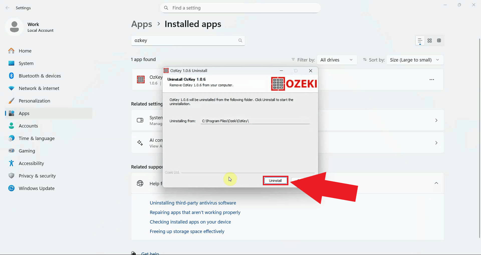 Choose Uninstall in Ozeki uninstaller