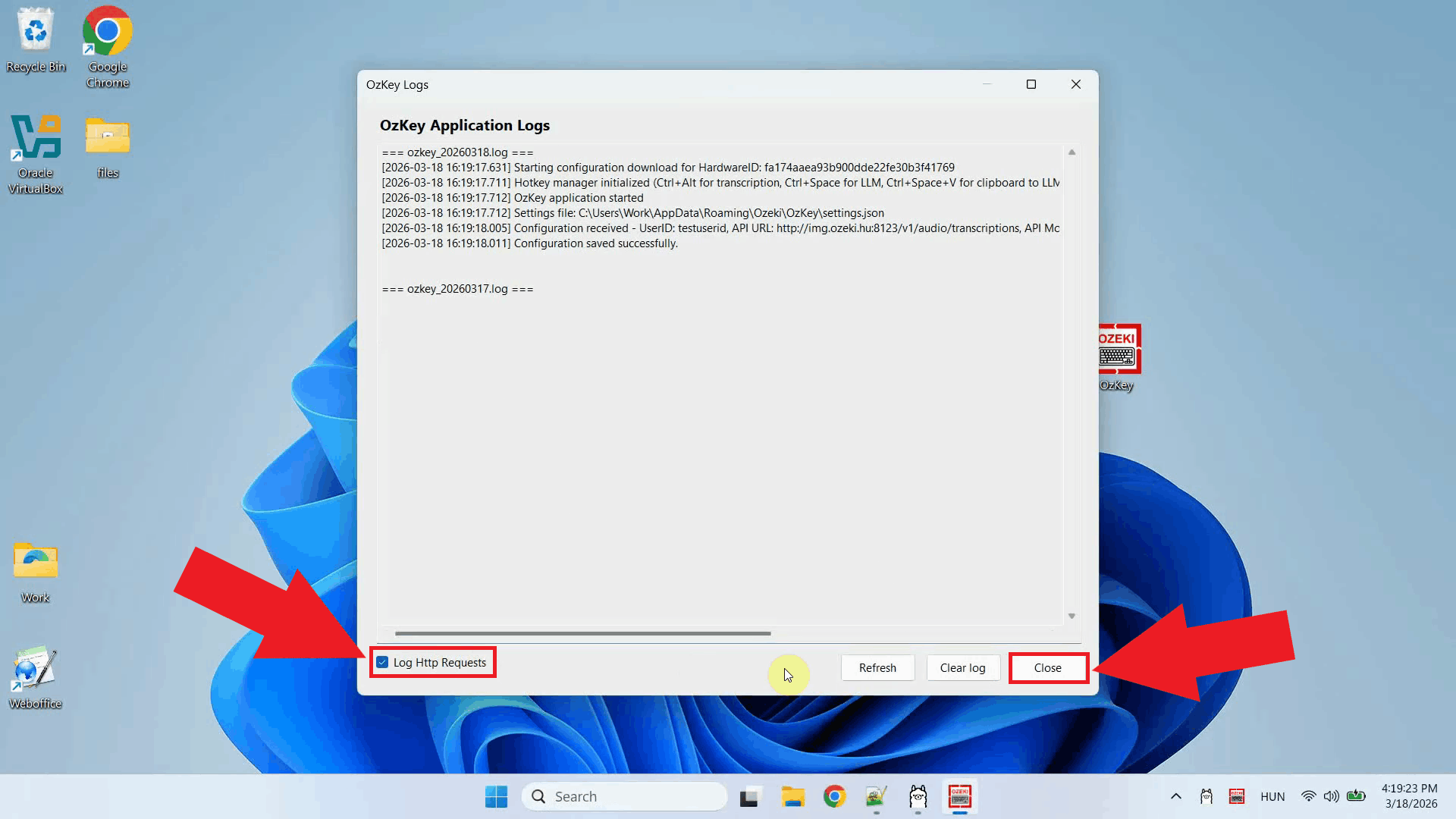 Enable HTTP logging and close window