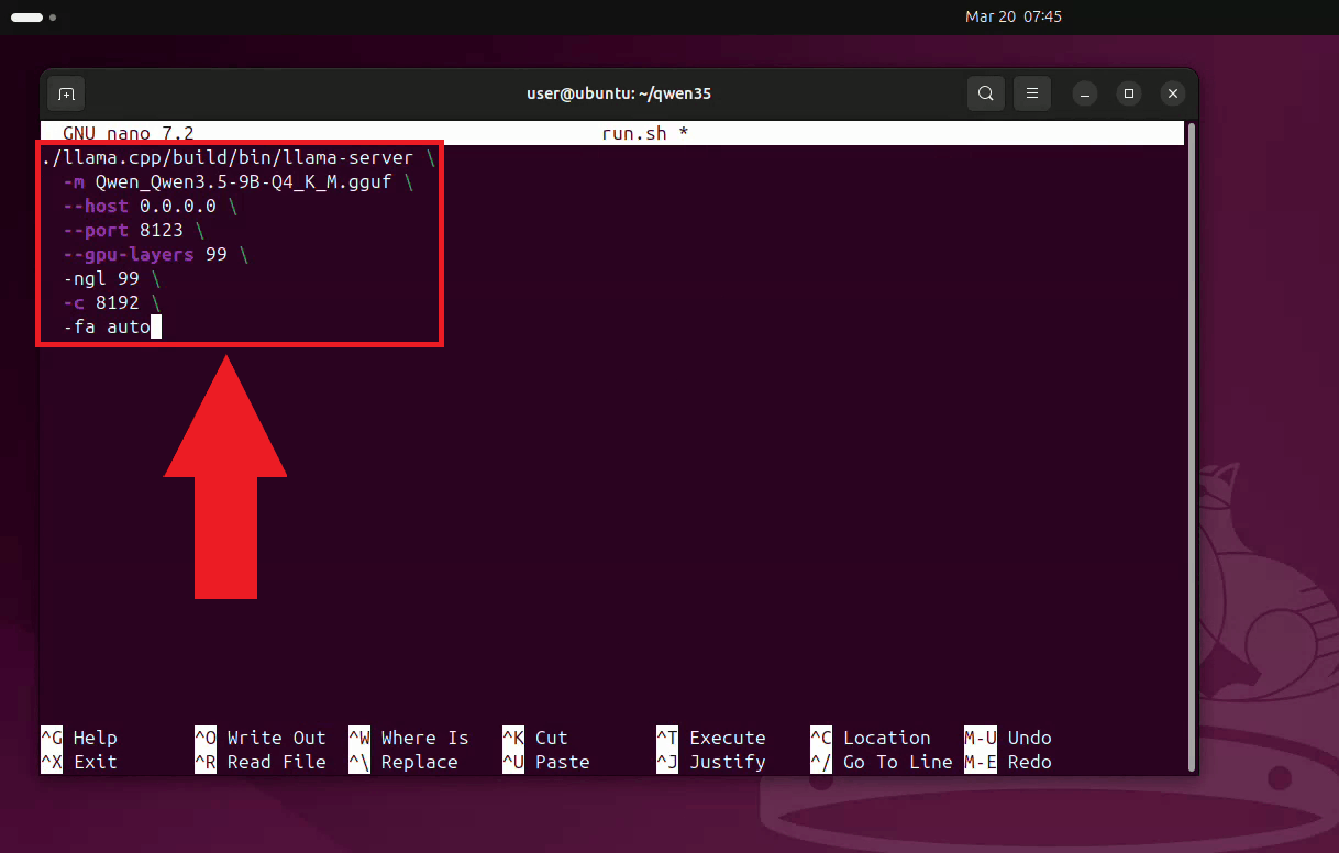 Paste and save LLama server run command