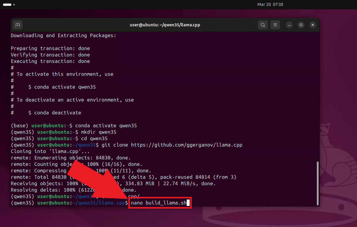 Create build LLama shell script using nano