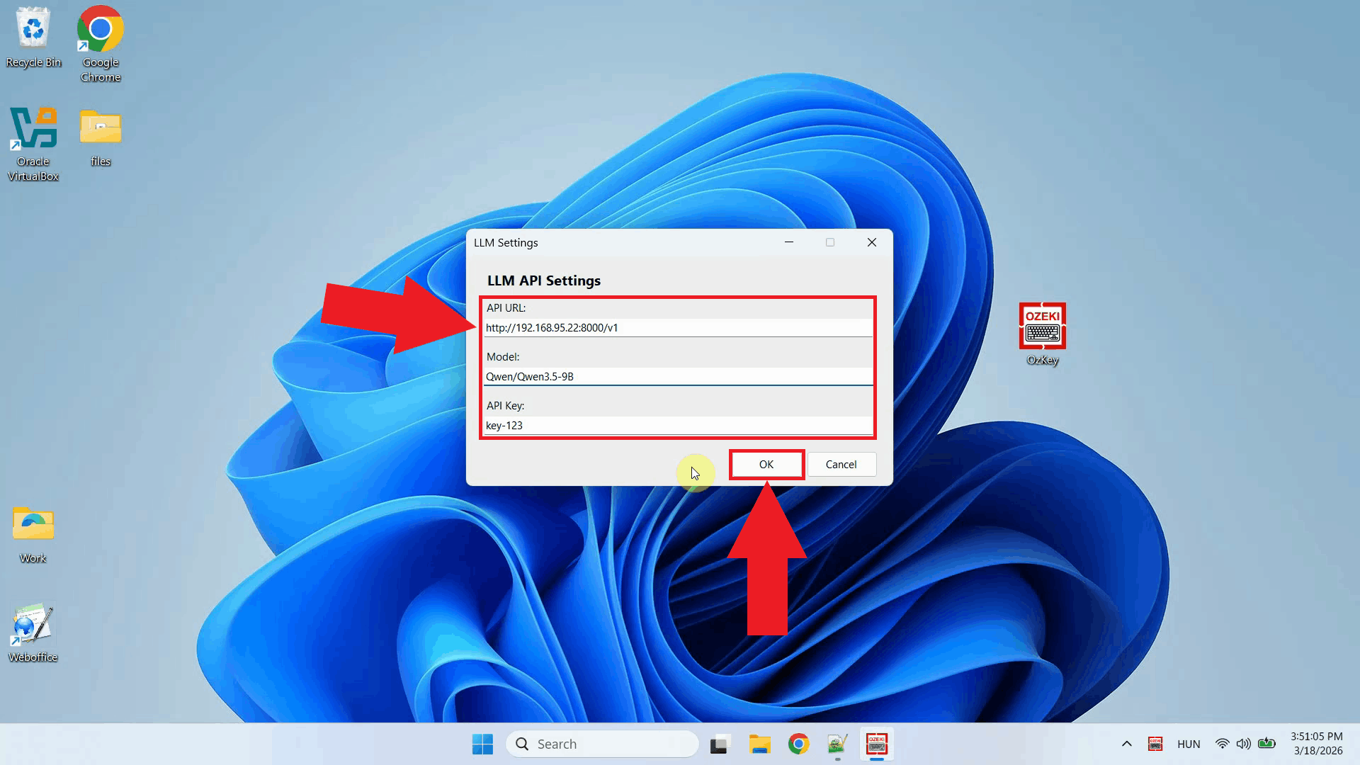 Enter API URL, model and key