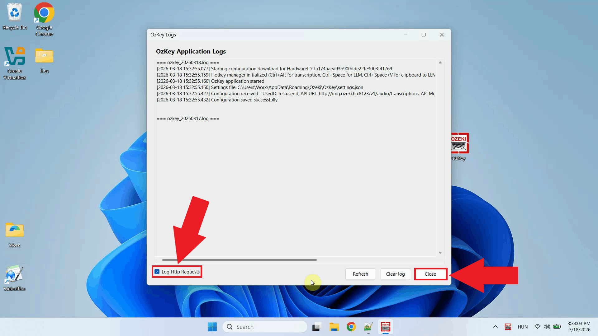 Enable HTTP logging and close window