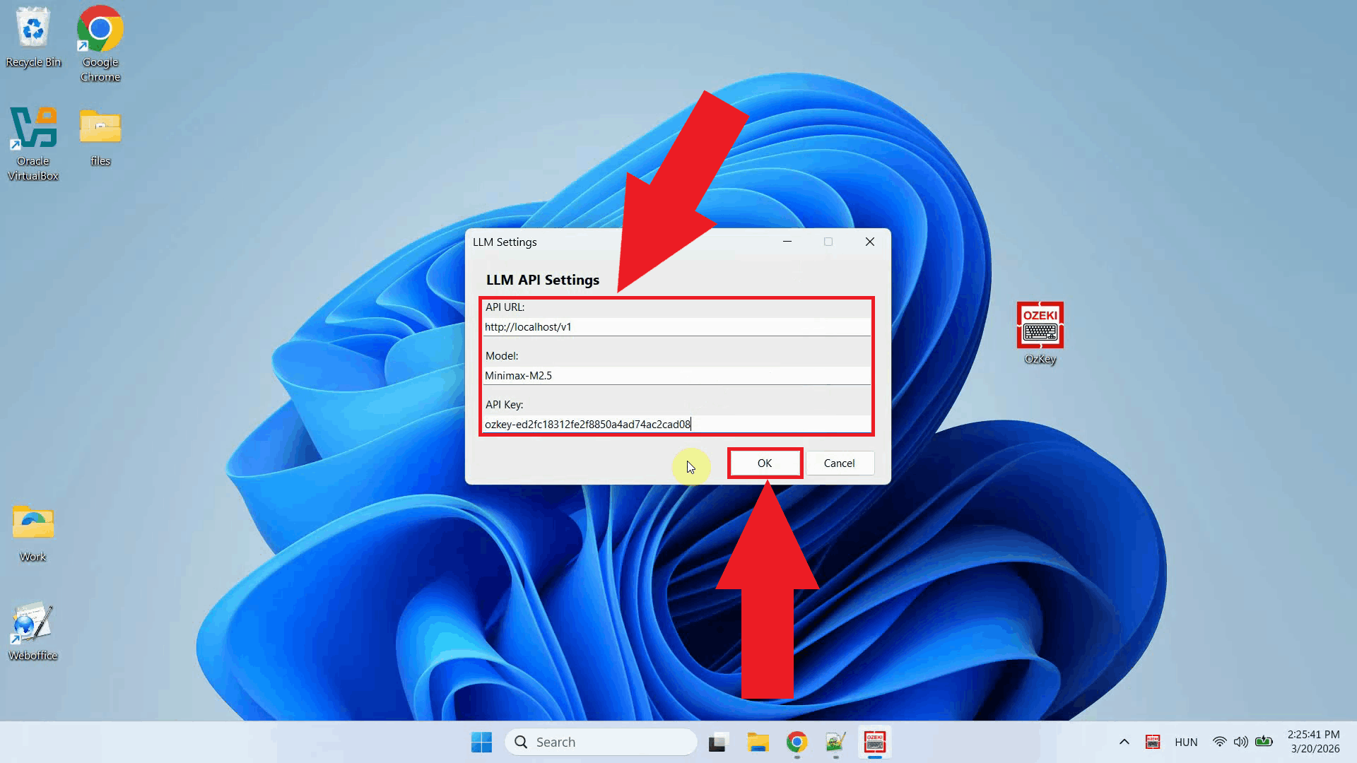 Enter LLM API URL, model and key