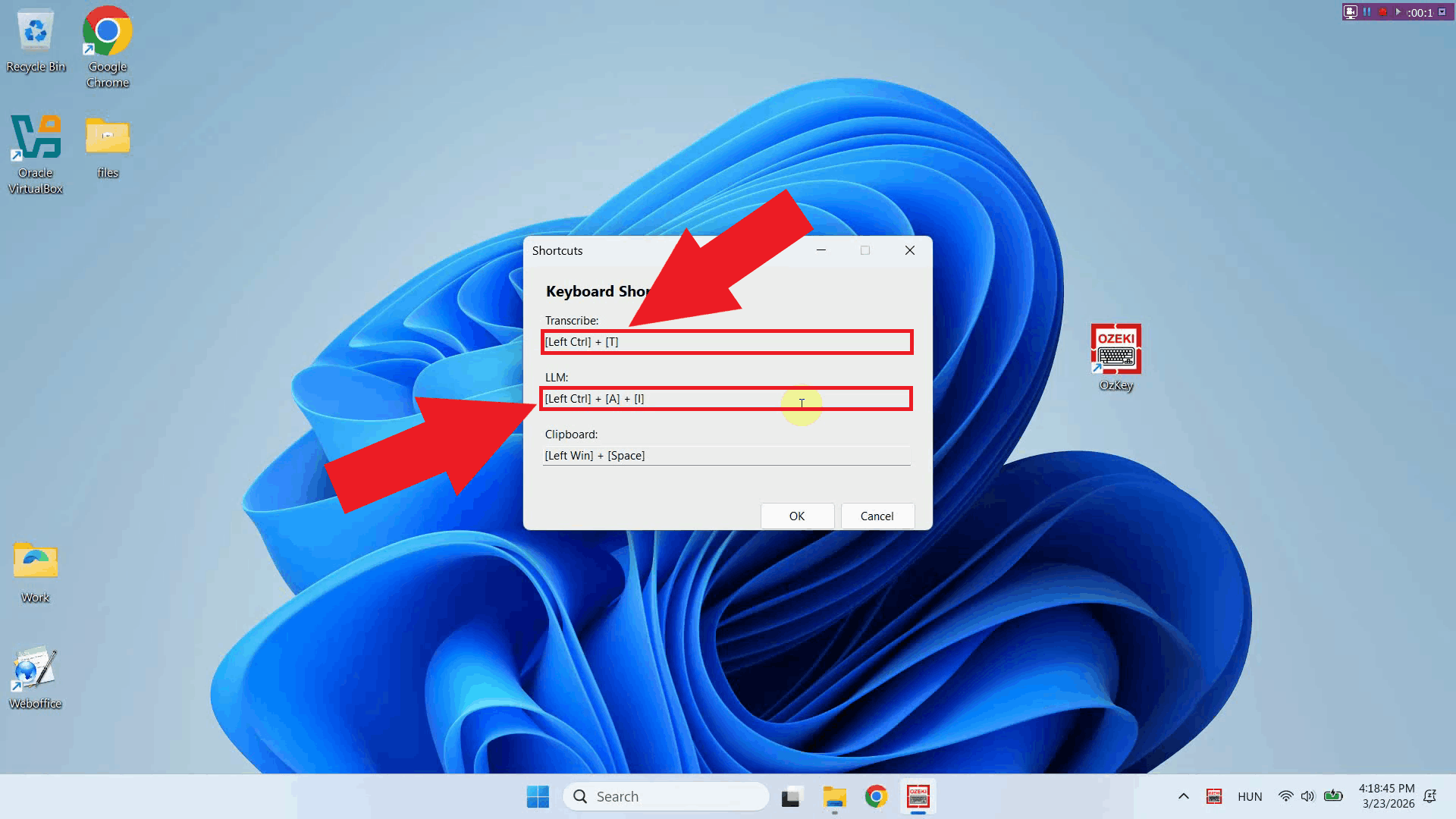 Record key combination for transcribe or LLM