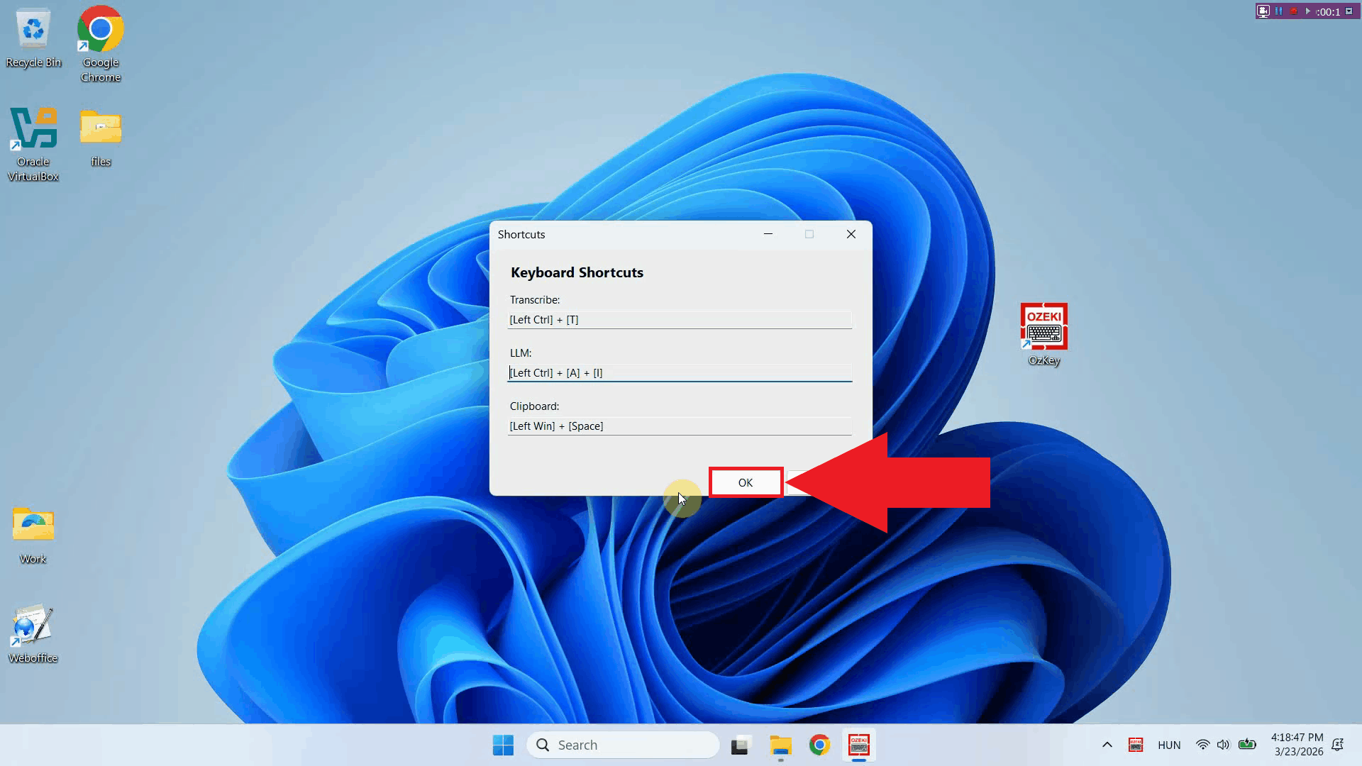 Click OK to save shortcuts